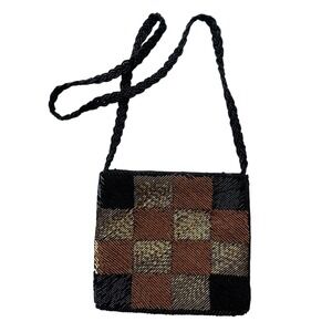 Vintage Beaded Crossbody Purse, Made in Hong Kong, Copper/Gold/Black, Party Bag